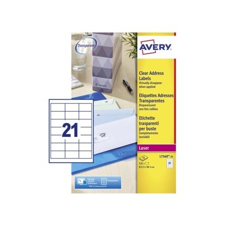Etiquetas 063,5x038,1mm 25Fls Transparente Avery 525un