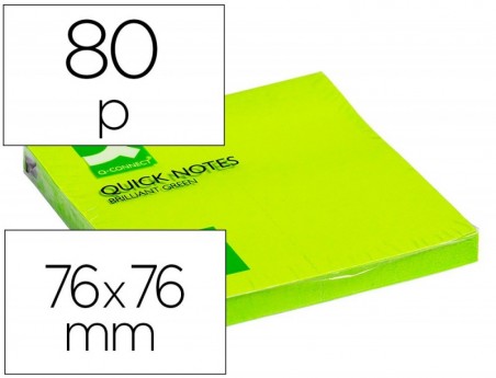 6un BLOCO NOTAS Q-CONNECT ADESIVAS VERDE FLUO. 75 X 75 MM
