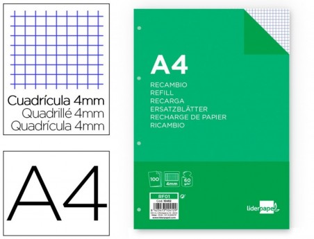 RECARGA LIDERPAPEL FOLIO 100 F 4TF-01 QUADRICULADO 4 MM 4 FU