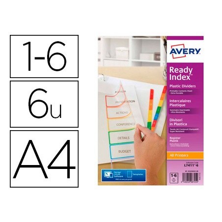 SEPARADOR AVERY POLIPROPILENO DIN A4 IMPRIMIVEL 6 PESTANAS