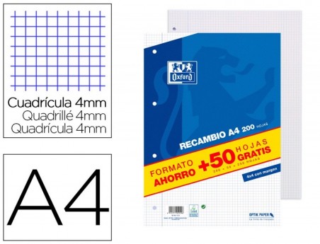 RECARGA OXFORD DIN A4 200 + 50 FOLHAS GRATIS QUADRICULA 4 MM