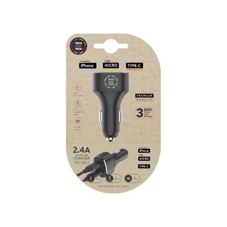 CARREGADOR TECH ONE TECH 2.4 CARRO DUPLO PARA IPHONE / USB M