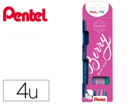 CANETA PINCEL PENTEL TOUCH EM BLISTER DE 4 CORES BERRY AZUL
