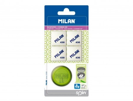 APARA LAPIS MILAN SPIN PLASTICO 1 USO + 4 BORRACHAS 430