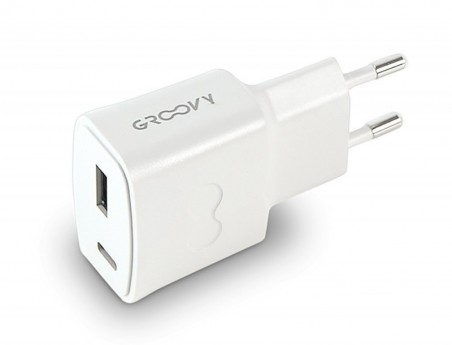 CARREGADOR DE PAREDE GROOVY 1 USB + 1USB-C COR BRANCO