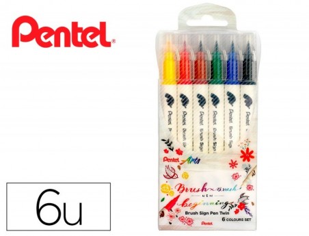 PINCEL PENTEL BRUSH SIGN PEN COM PONTA DUPLA ESTOJO COM 6 UN