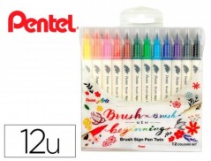 PINCEL PENTEL BRUSH SIGN PEN COM PONTA DUPLA ESTOJO COM 12 U