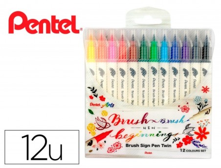 PINCEL PENTEL BRUSH SIGN PEN COM PONTA DUPLA ESTOJO COM 12 U