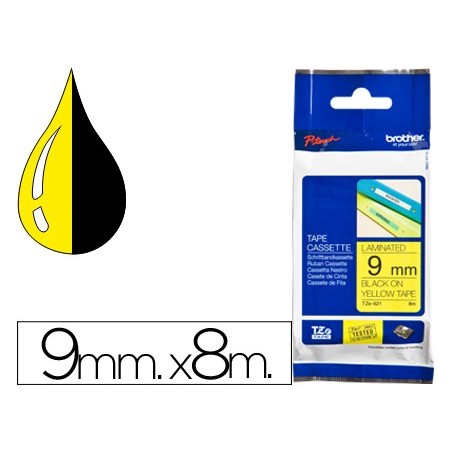 FITA BROTHER TZ-621 LAMINADA AMARELO-PRETO 9MM X 8M