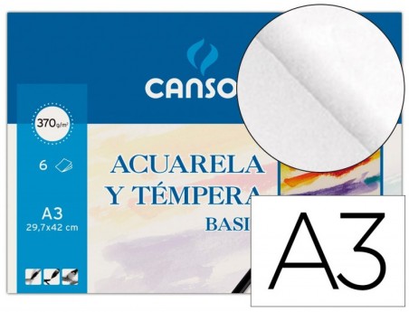PAPEL AGUARELA BASIK CANSON DIN-A3 370 GR PACK DE 6 FOLHAS