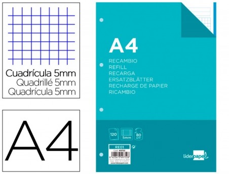 RECARGA LIDERPAPEL DIN-A4 120 FOLHAS QUADRICULA DE 5 MM  MAR