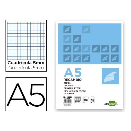 RECARGA LIDERPAPEL DIN-A5 120+20 F QUADRICULADO 5 MM 6 FUROS