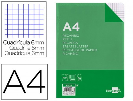 RECARGA LIDERPAPEL FOLIO 100 F 4TF-07 QUADRICULADO 6 MM 4 FU