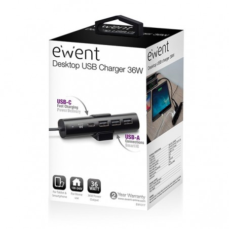 EWENT HUB USB 1X USB-C 36W+ 3X USB 2.0 ALIMENTADO 1.90MTS