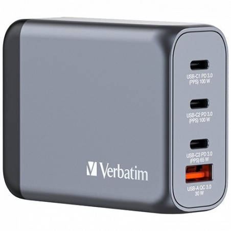 VERBATIM CARREGADOR GAN 100W 3x USB-C (100+100+65W) + 1xUSBA