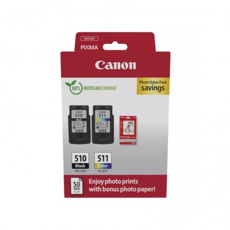 Pack Tinteiros Canon 510/511 Preto/Cor + Papel 2970B017