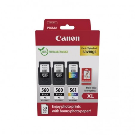 Pack Tinteiros Canon 560XLx2/561XL Preto/Cor+Papel 3712C012