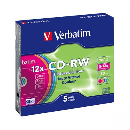 VERBATIM CD-RW 8X-12X 700MB 80MIN CAIXA SLIM COLOUR PACK 5