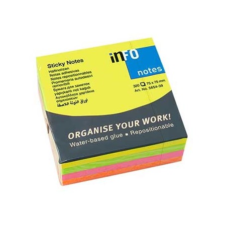 Bloco (Cubo) Adesivo Neon 75x75mm 320Folhas / Escritorio e P