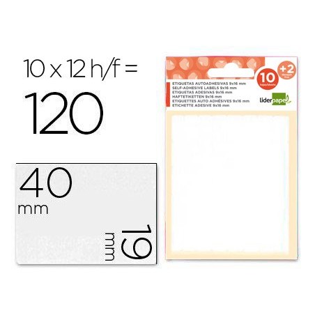 ETIQUETAS ADESIVAS LIDERPAPEL 10 + 2 FOLHAS, 19X40 MM, 120 E