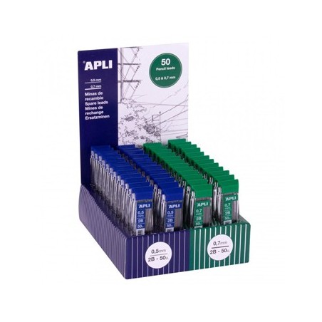 Minas Grafite 0,5mm+0,7mm 2B Apli Expositor 48 Tubos c/50un