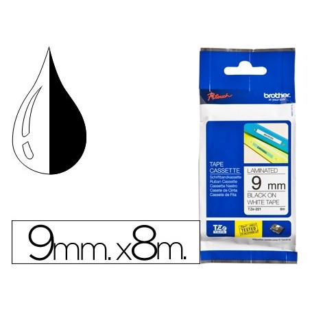 FITA BROTHER TZ-221 LAMINADA BRANCO-PRETO 9MM X 8M