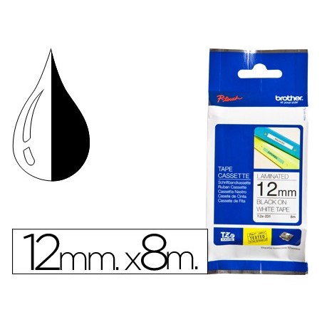 FITA BROTHER TZ-231 LAMINADA BRANCO-PRETO 12MM X 8M