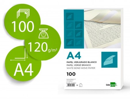 PAPEL VERGE. EMBAL. DE 100 FOLHAS, A4, 120 GRS/Mì, BRANCO