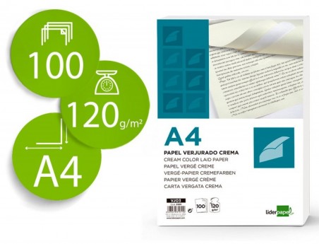 PAPEL VERGE. EMBAL. DE 100 FOLHAS, A4, 120 GRS/Mì, CREME