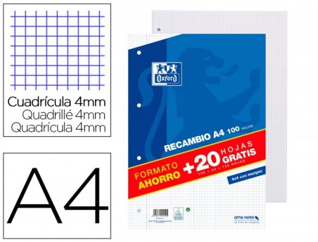 RECARGA OXFORD DIN A4 100 + 20 FOLHAS GRATIS 90 GR QUADRICUL