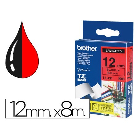 FITA BROTHER TZ-431 LAMINADA VERMELHO-PRETO 12MM X 8M